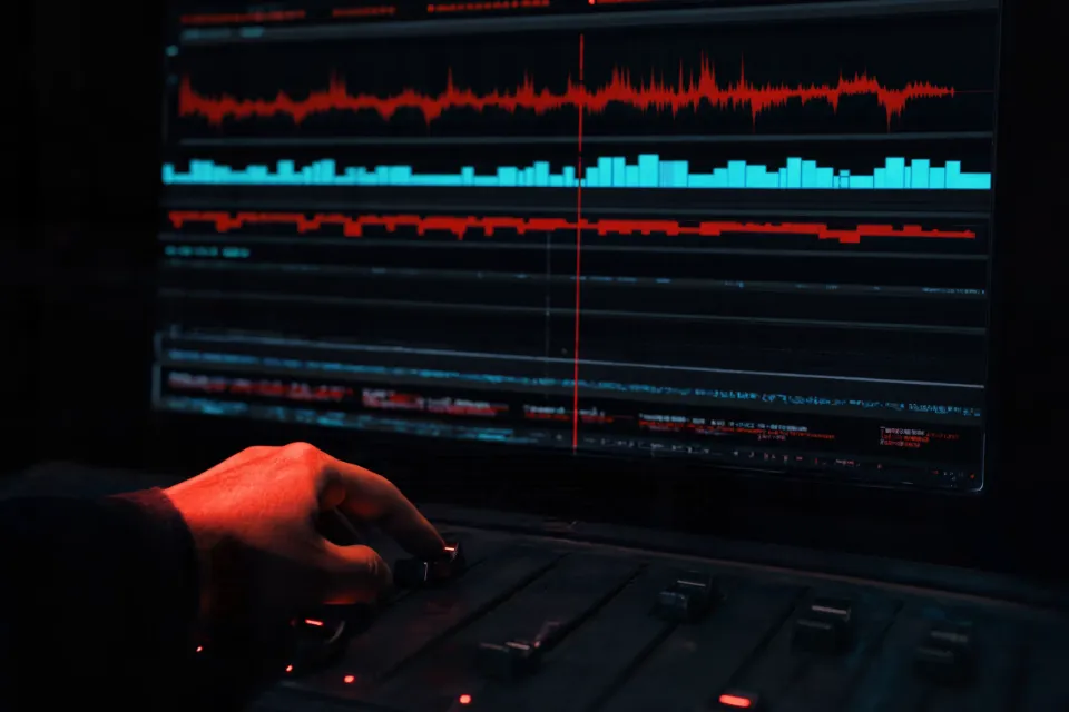 A hand on a mixing desk fader in front of a screen of audio and lighting tracks