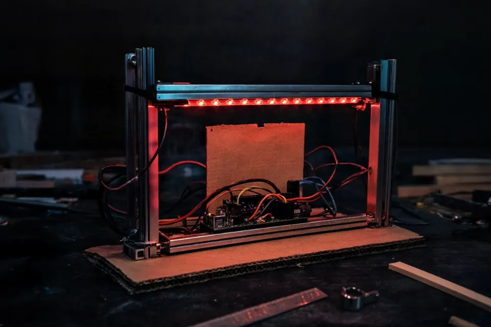 A rough prototype of aluminium extrusion, cardboard and an exposed circuit board lit by a red LED strip
