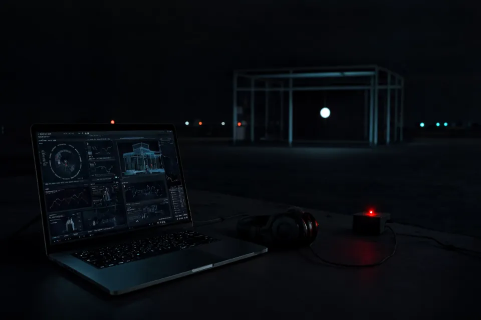 A laptop showing monitoring graphs on a desk at night, a lit structure in the distance
